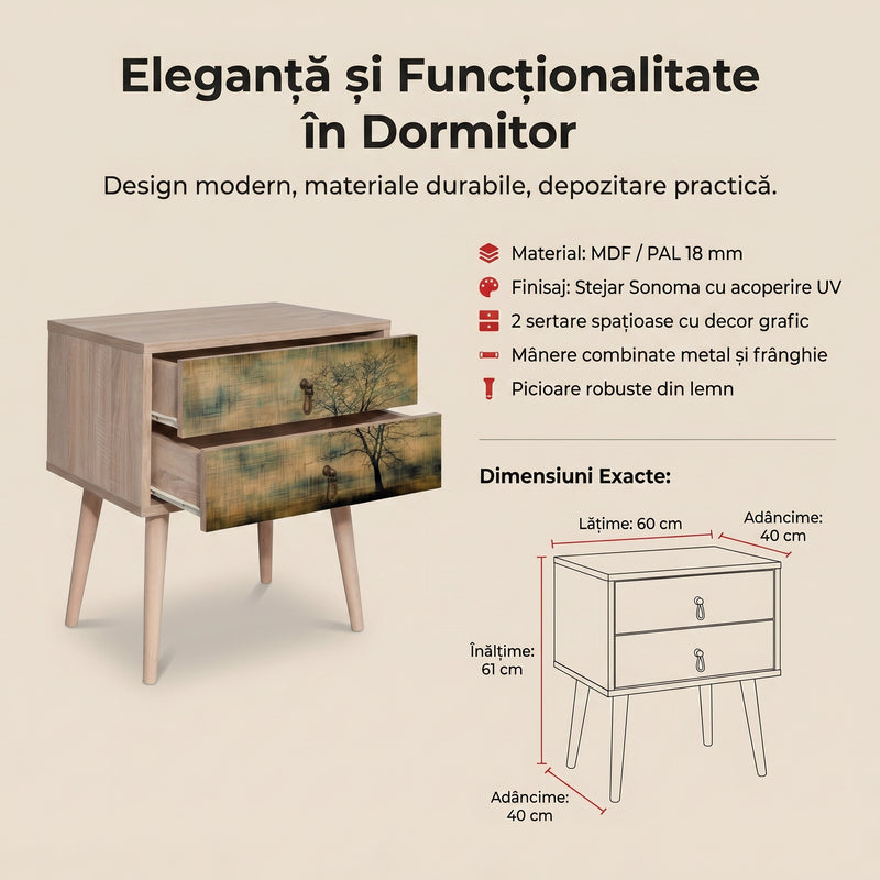 Noptiera Two - Nightstand 13, Stejar Sonoma, 61x40x60 cm