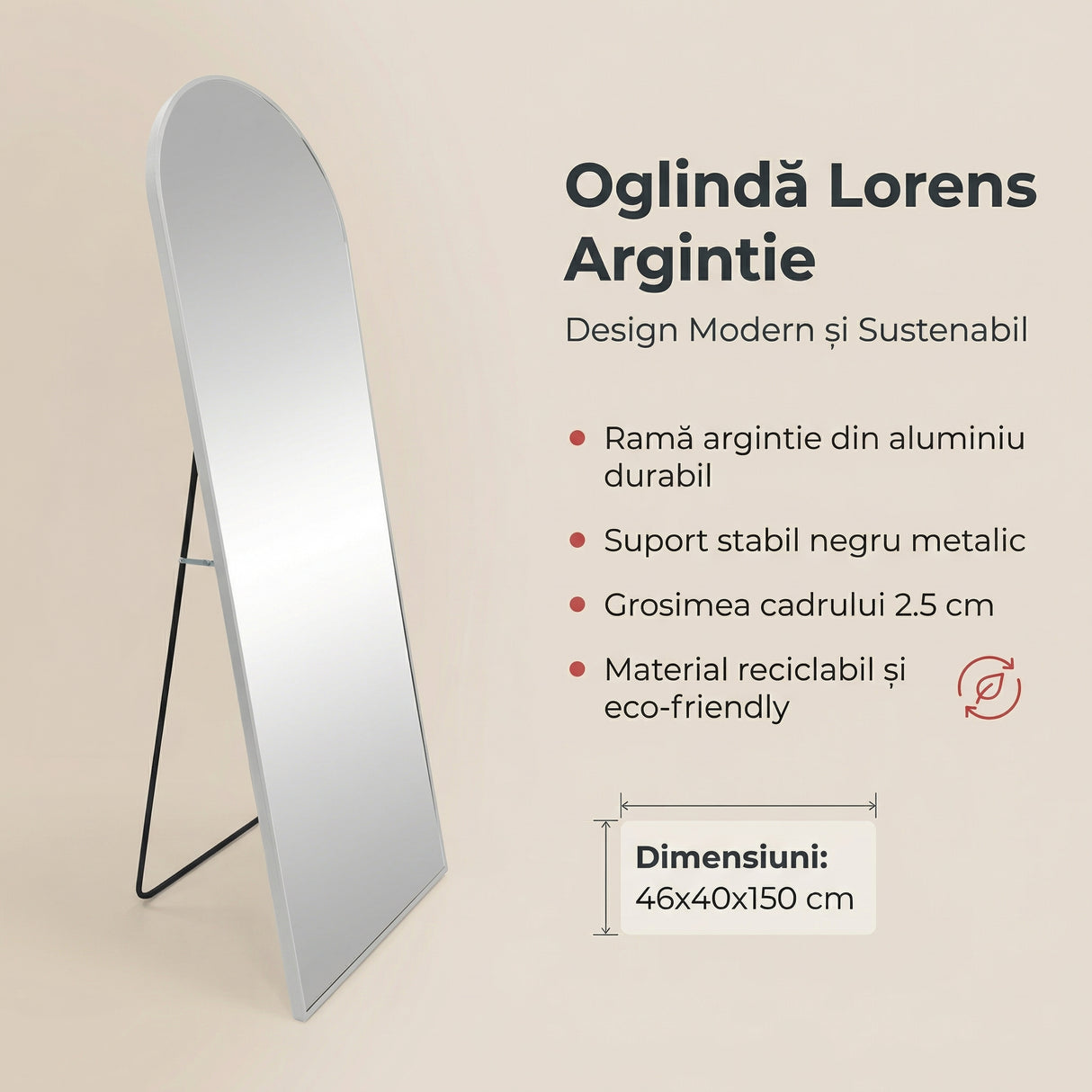 Oglinda Lorens, Aluminiu, Argintiu, 46x40x150 cm - Gri