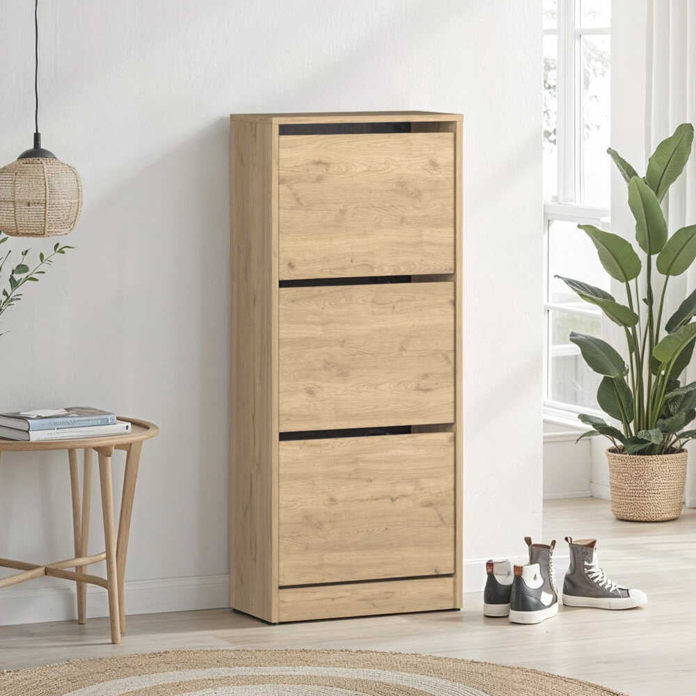 Pantofar Adore Compact Plus, 12 Perechi, 3 Compartimente, Alb - Stejar - Mov, 51x119x26 cm - Stejar