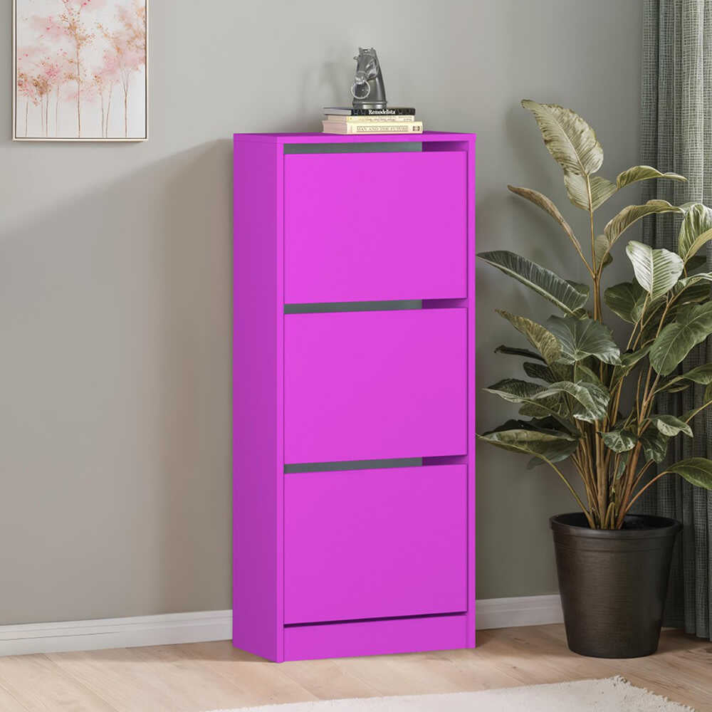 Pantofar Adore Compact Plus, 12 Perechi, 3 Compartimente, Alb - Stejar - Mov, 51x119x26 cm - Mov