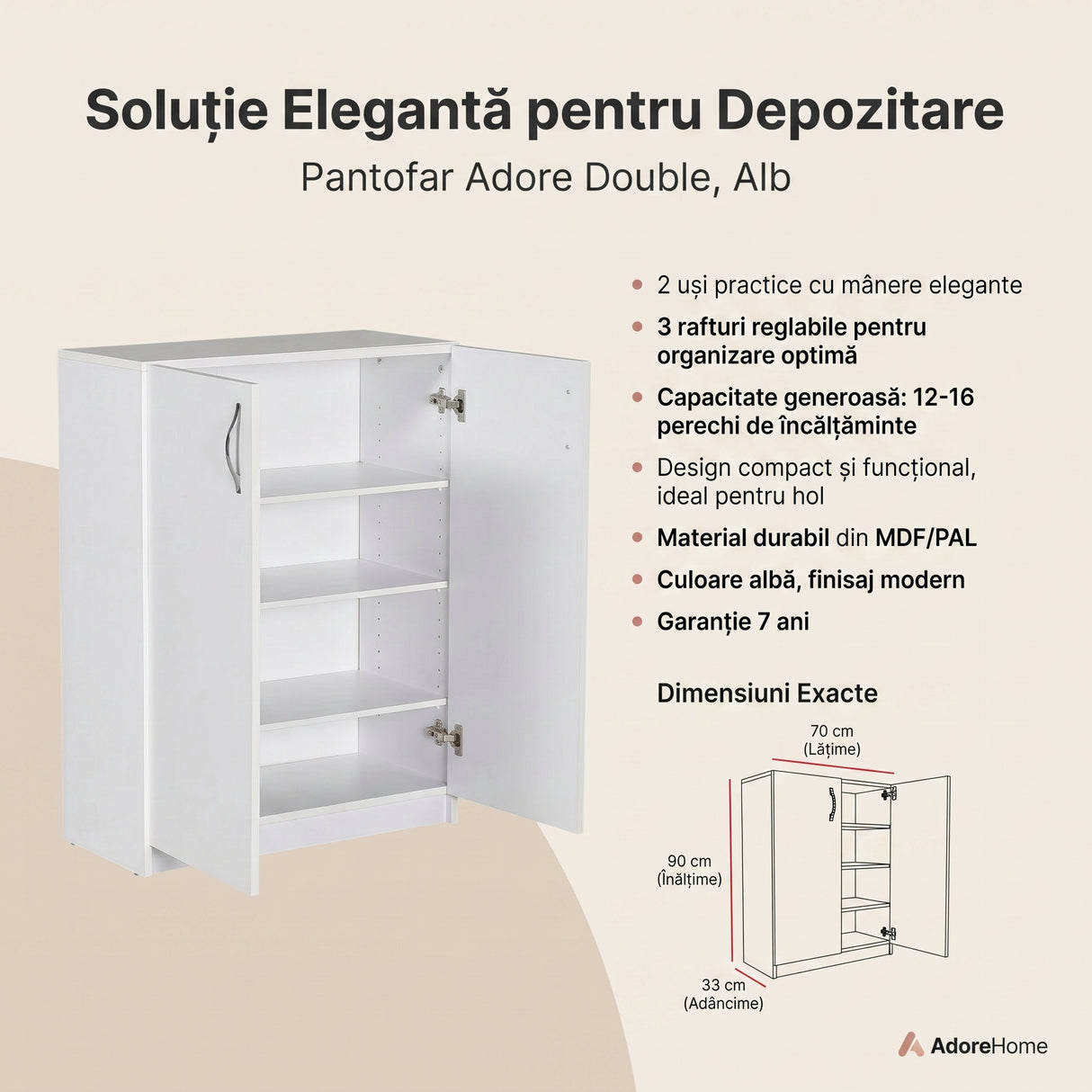 Pantofar Adore Double, 2 usi, 3 rafturi, capacitate 12-16 perechi, Alb, 70x90x33 cm