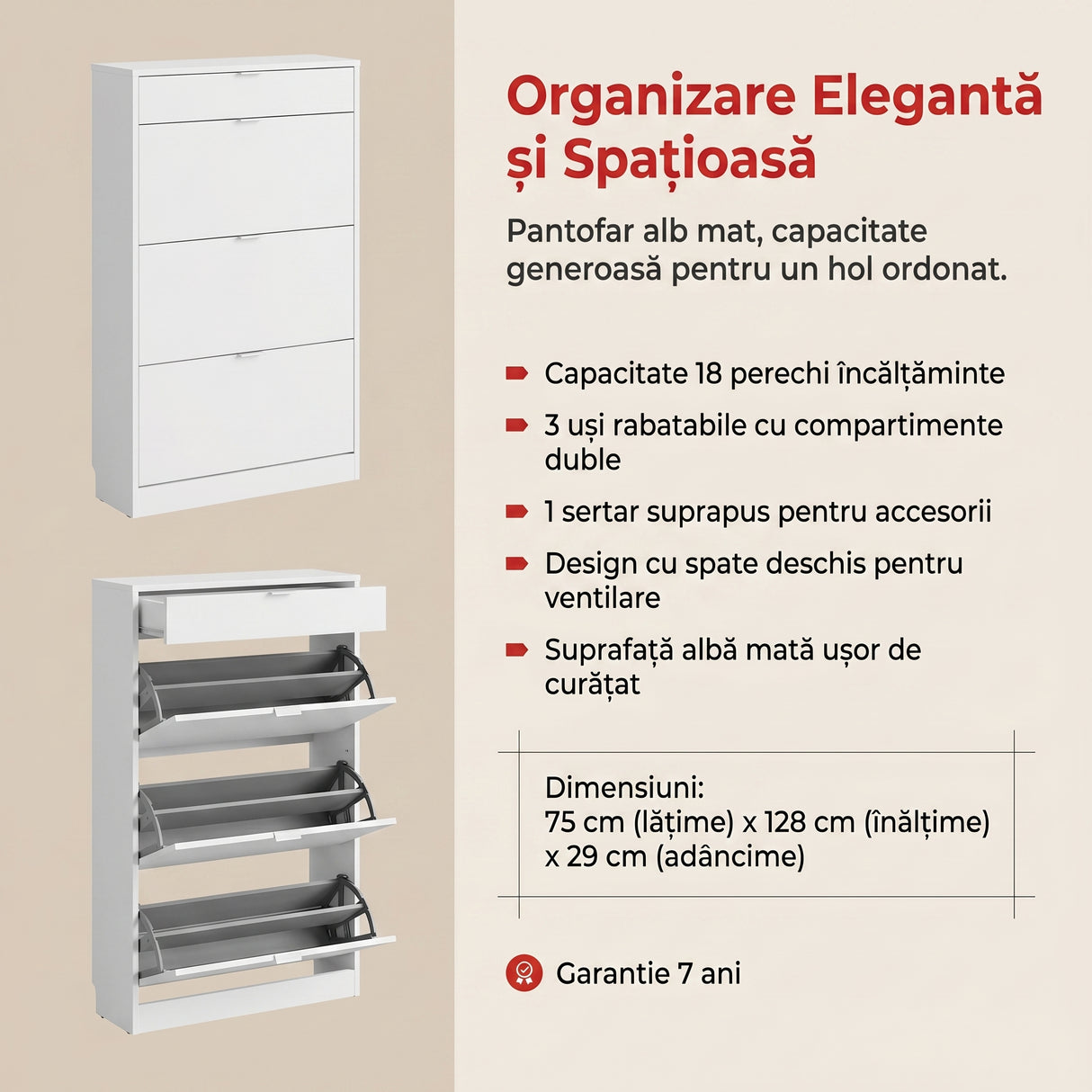 Pantofar Adore Extra, 3 compartimente, capacitate 18 perechi incaltaminte, Alb - Nuc, 75x128x29 cm - Alb