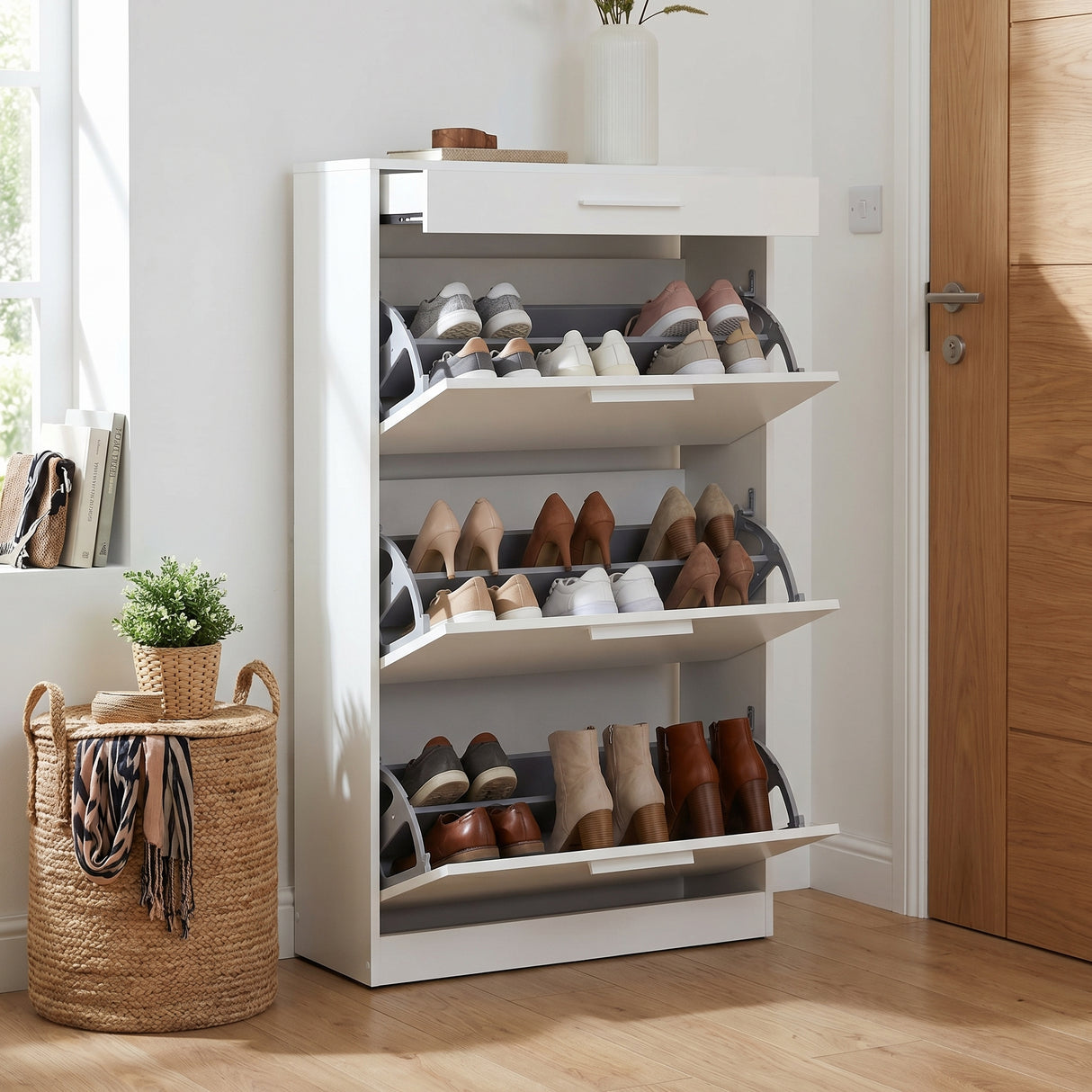 Pantofar Adore Extra, 3 compartimente, capacitate 18 perechi incaltaminte, Alb - Nuc, 75x128x29 cm - Alb