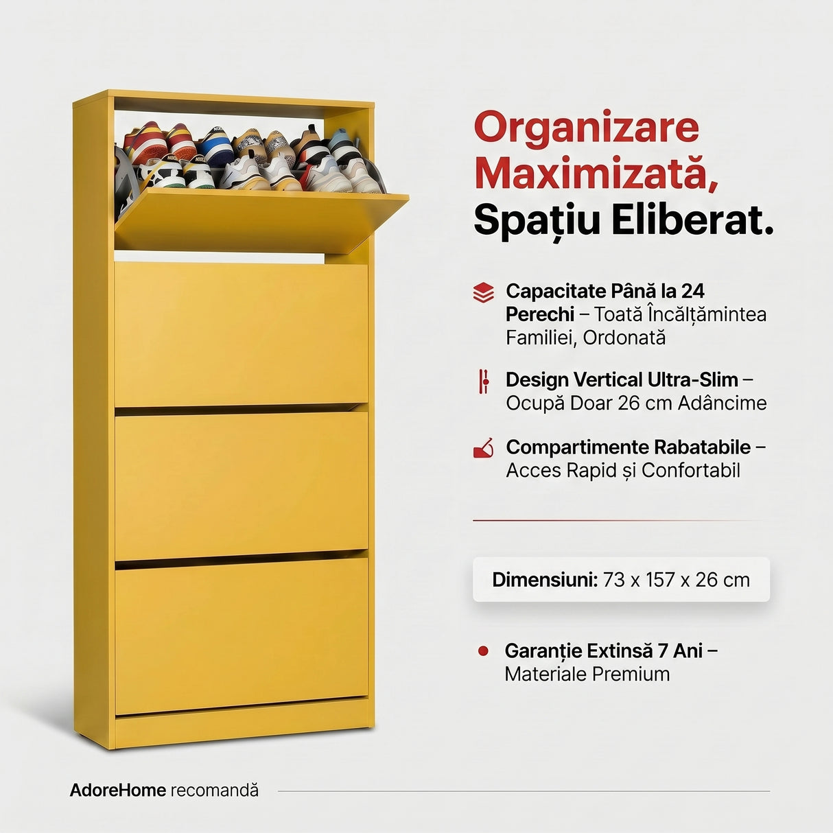 Pantofar Adore Max XL, 24 Perechi, 4 Compartimente, 73x157x26 cm - Galben