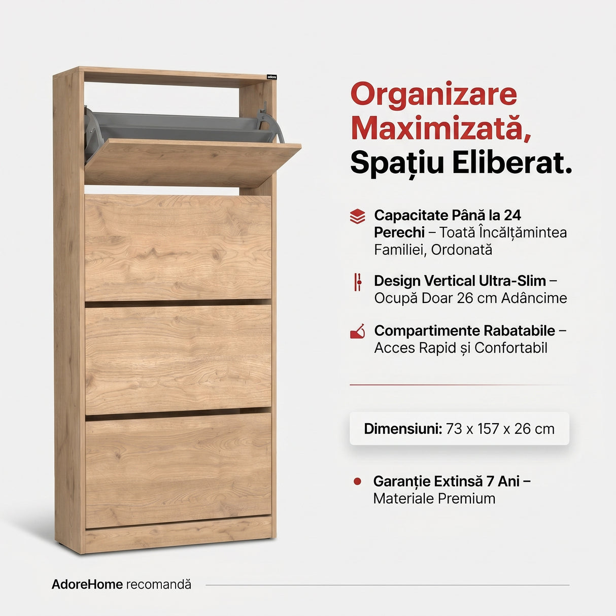 Pantofar Adore Max XL, 24 Perechi, 4 Compartimente, 73x157x26 cm - Natural