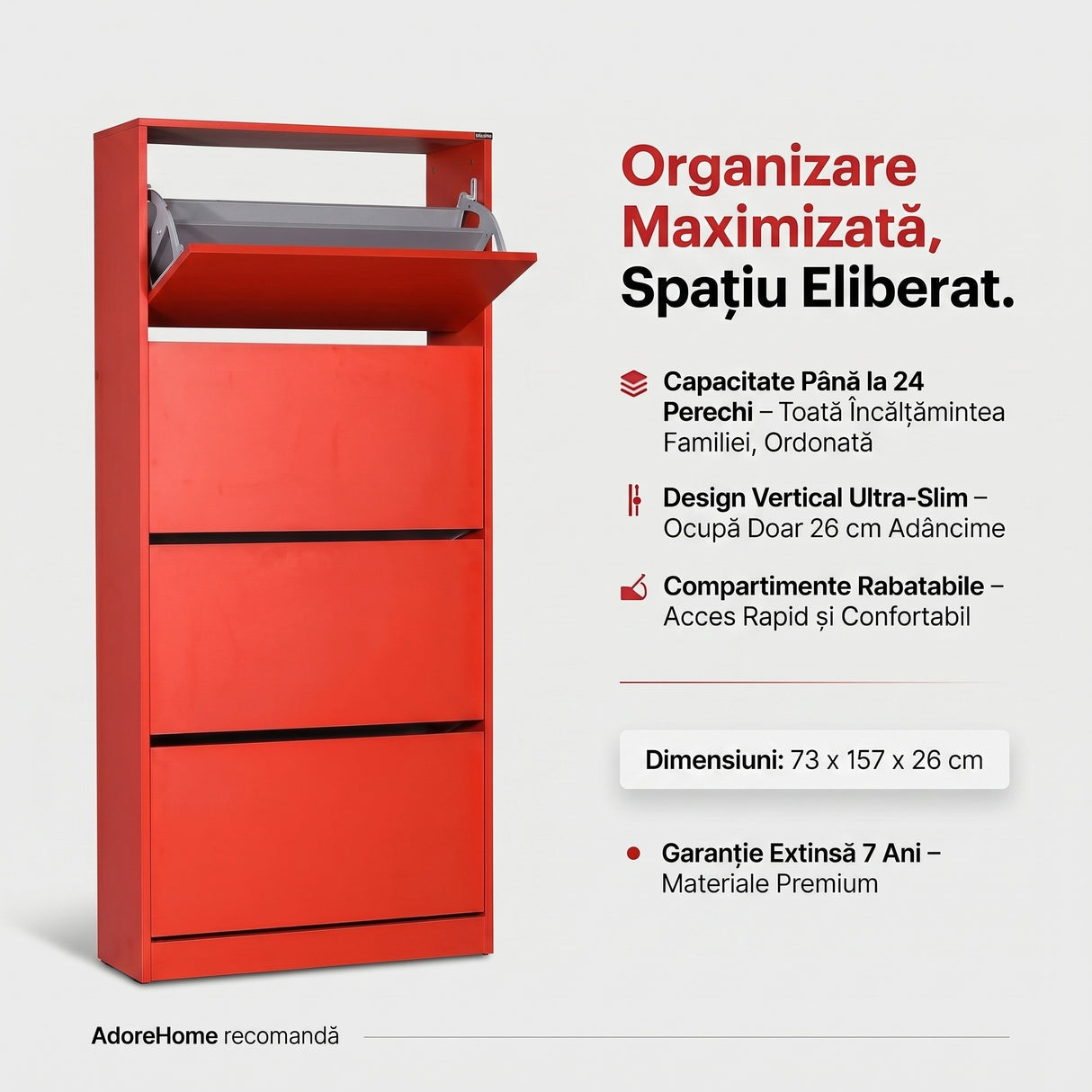 Pantofar Adore Max XL, 24 Perechi, 4 Compartimente, 73x157x26 cm - Rosu