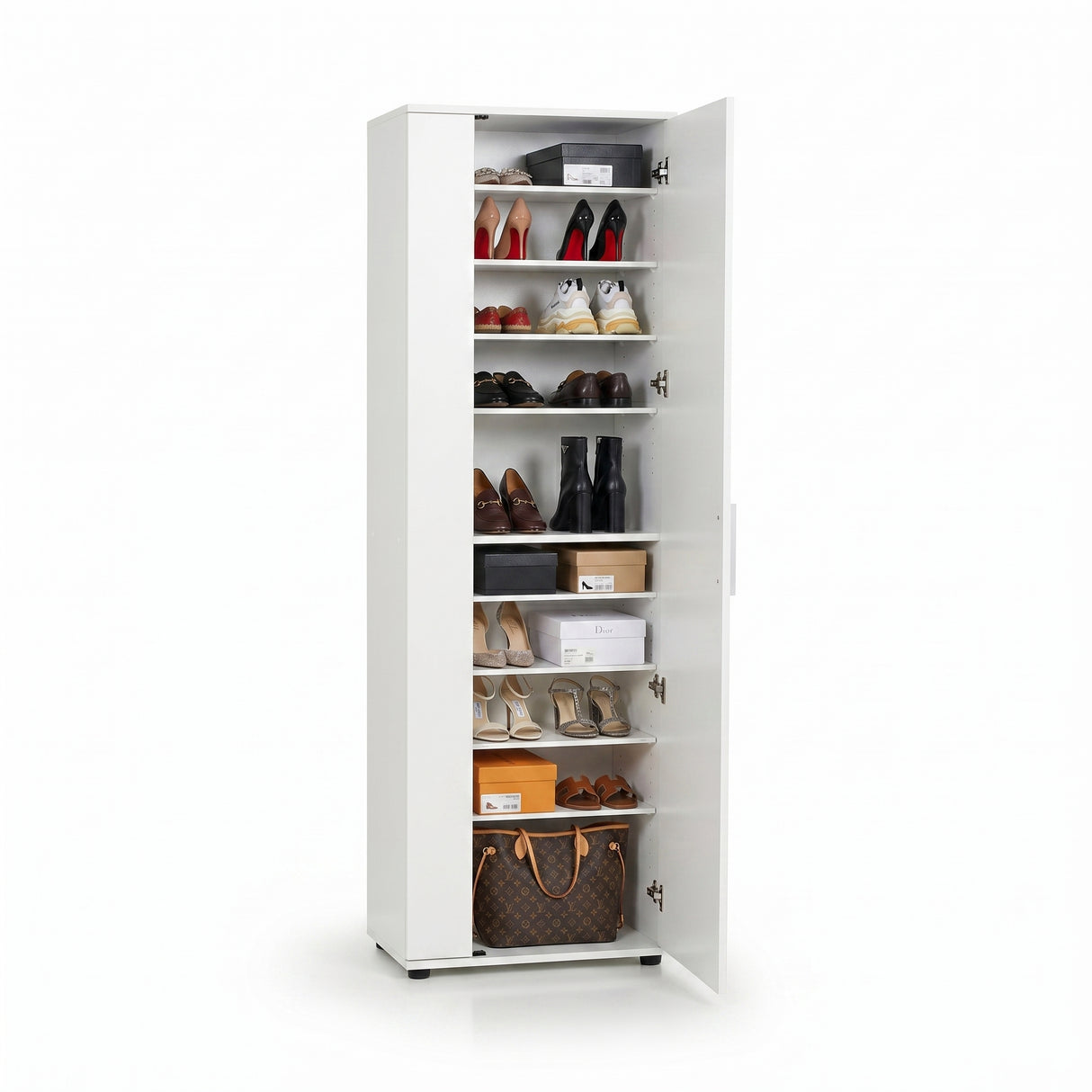 Pantofar Adore Porto, 2 usi reversibile cu oglinda, 10 rafturi, capacitate 28 perechi, 60 x 187 x 36 cm - Alb