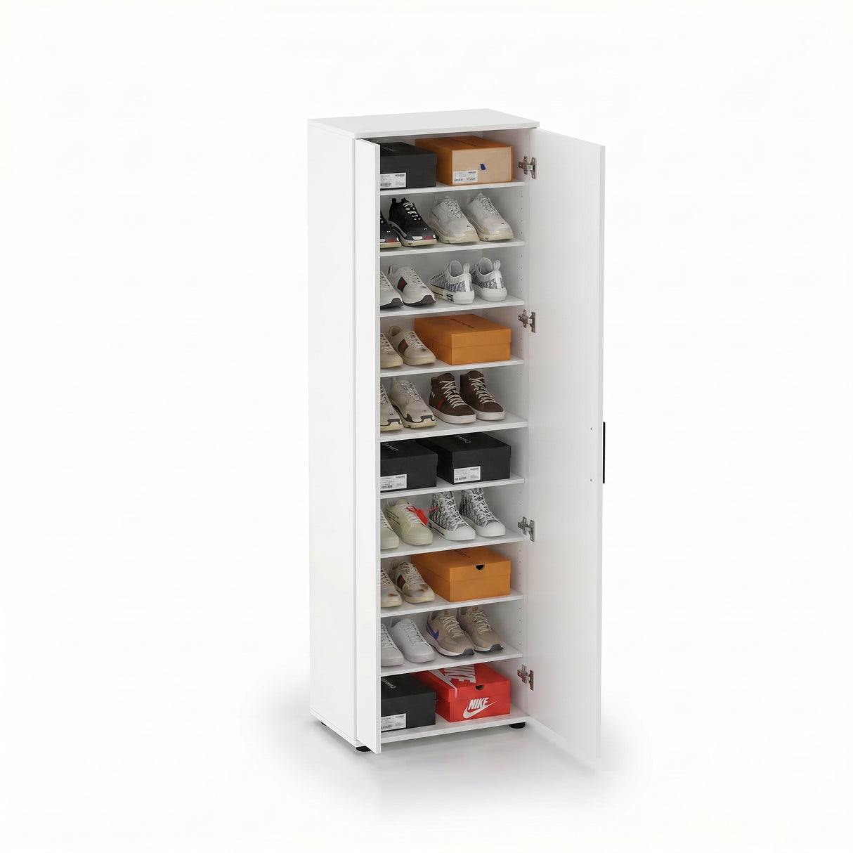 Pantofar Adore Porto, 2 usi reversibile cu oglinda, 10 rafturi, capacitate 28 perechi, 60 x 187 x 36 cm - Alb
