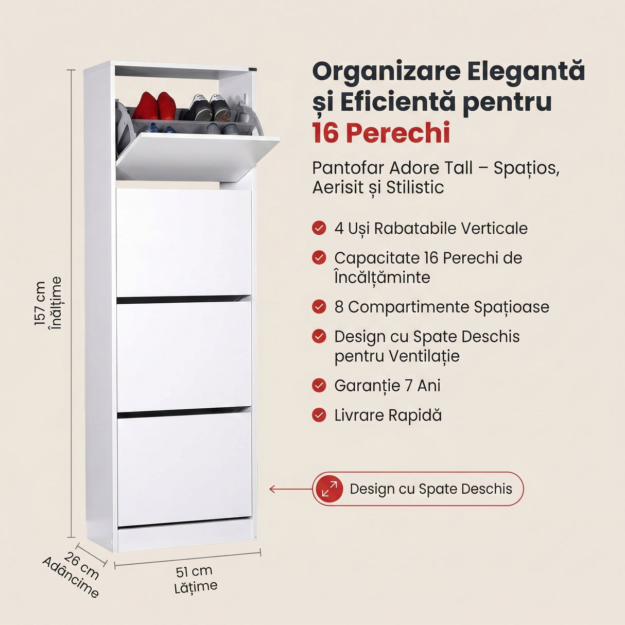 Pantofar Adore Compact XL, 16 Perechi, 4 Compartimente, Alb - Natur, 51x157x26 cm - Alb