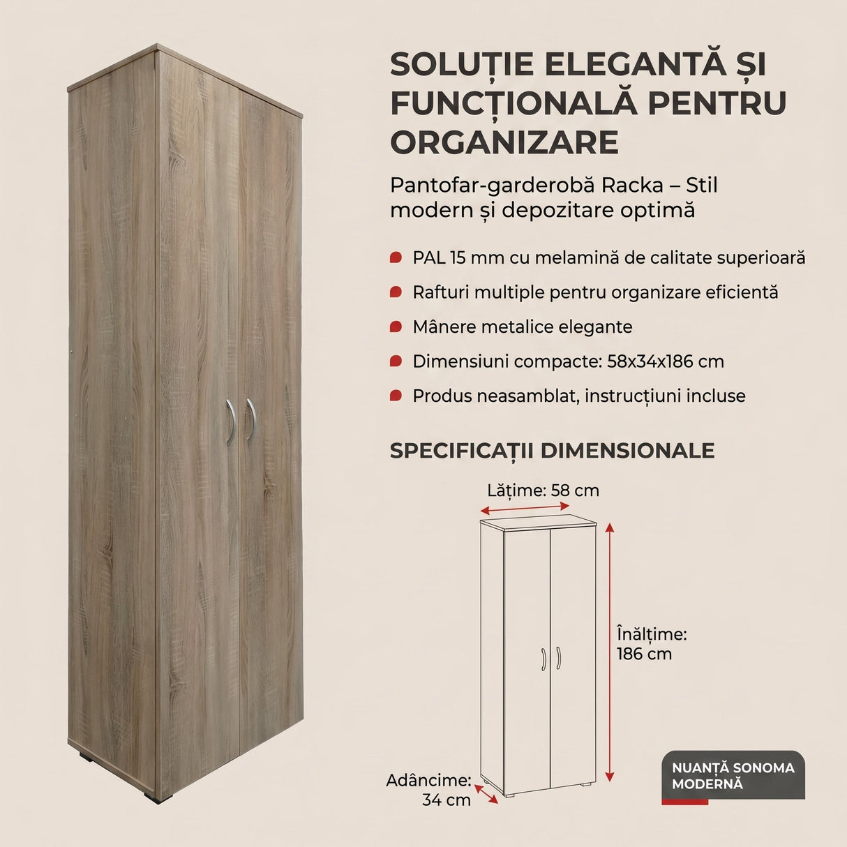 Dulap pantofi cu functie organizare Racka, Lemn, Alb, 58x34x186 cm - Stejar