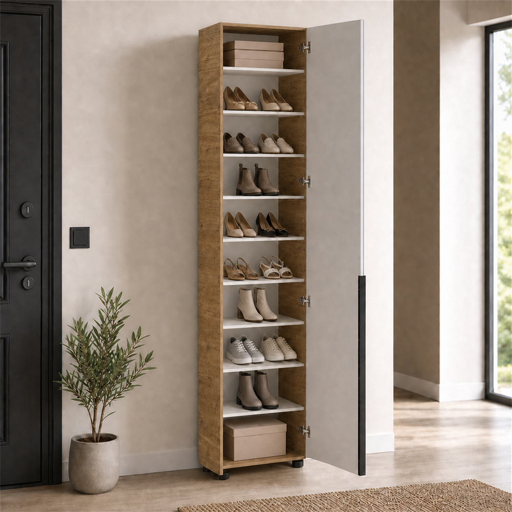 Pantofar cu oglinda Adore Porto, 1 usa si 10 compartimente, Stejar - Bej, 47x210x34 cm