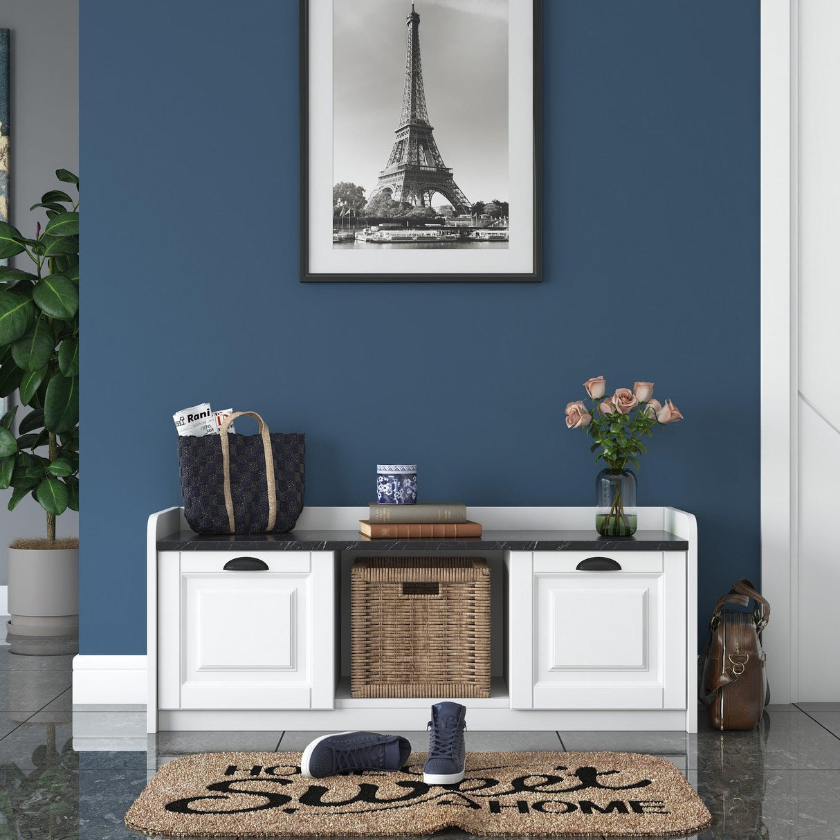 Pantofar cu taburet Tadic, Alb, 120 x 45 x 40 cm