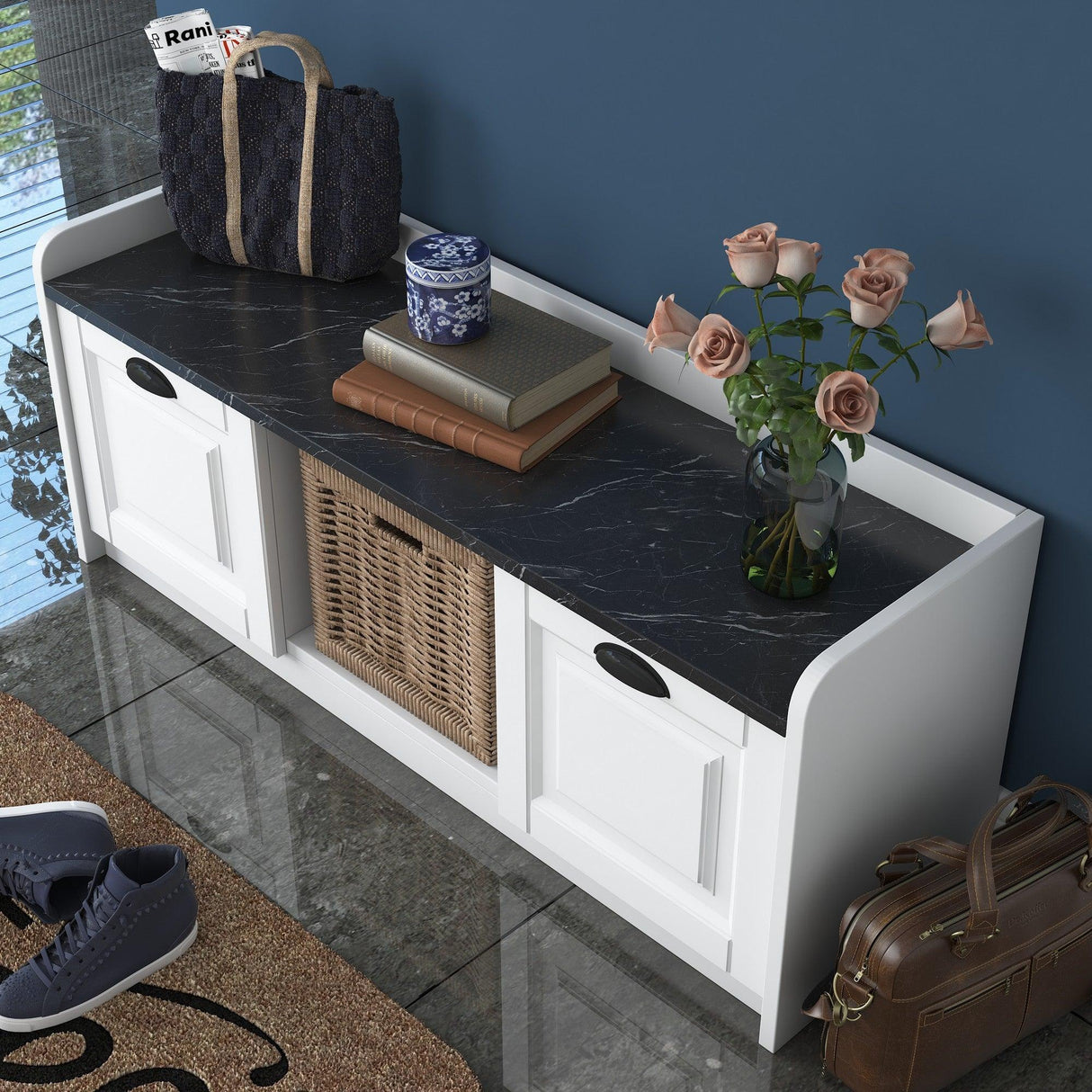 Pantofar cu taburet Tadic, Alb, 120 x 45 x 40 cm