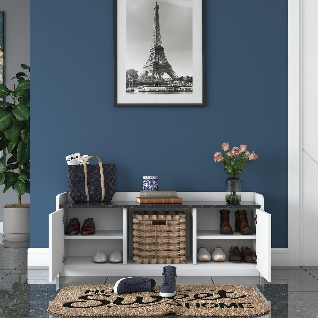 Pantofar cu taburet Tadic, Alb, 120 x 45 x 40 cm