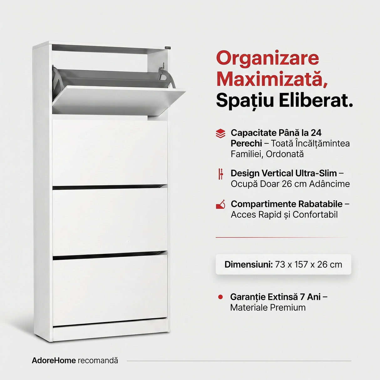 Pantofar Adore Max XL, 24 Perechi, 4 Compartimente, 73x157x26 cm - Alb