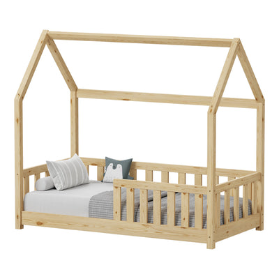 Pat copii Bambie cu balustrada tip Montessori din lemn de pin Natural 70x140 cm