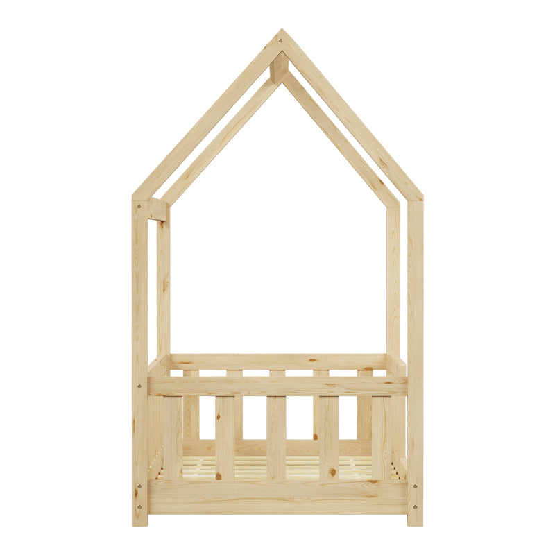 Pat copii Bambie cu balustrada tip Montessori din lemn de pin, Natural, 70x140 cm, perspectiva suplimentara