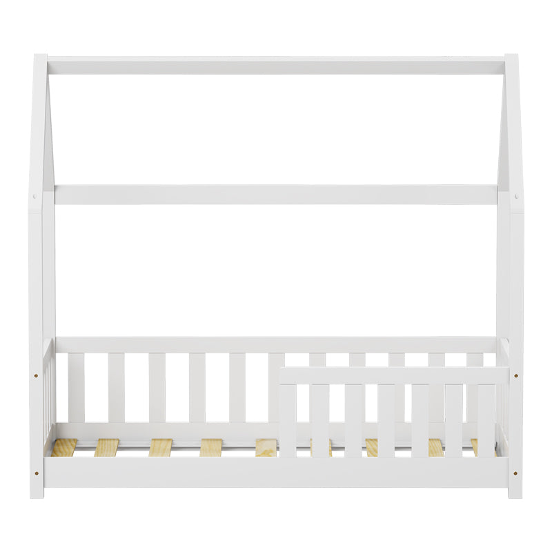 Pat pentru copii Bambie cu balustrada tip Montessori din lemn de pin, alba, 70x140 cm
