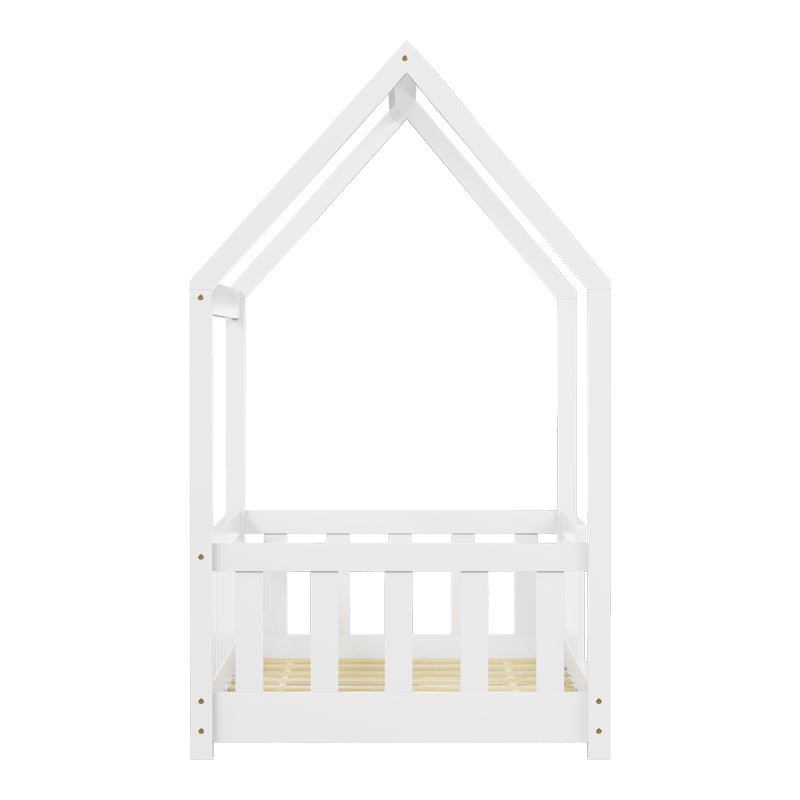 Pat pentru copii Bambie cu balustrada tip Montessori din lemn de pin, alba, 70x140 cm