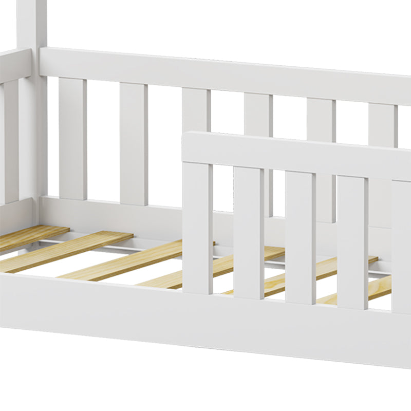 Pat pentru copii Bambie cu balustrada tip Montessori din lemn de pin, alba, 70x140 cm