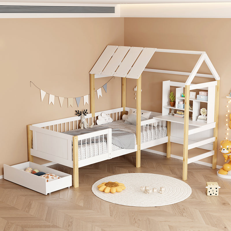 Pat pentru copii cu functie Montessori Bedria, Stil Montessori, Lemn, alb-Natural, 190x90 cm