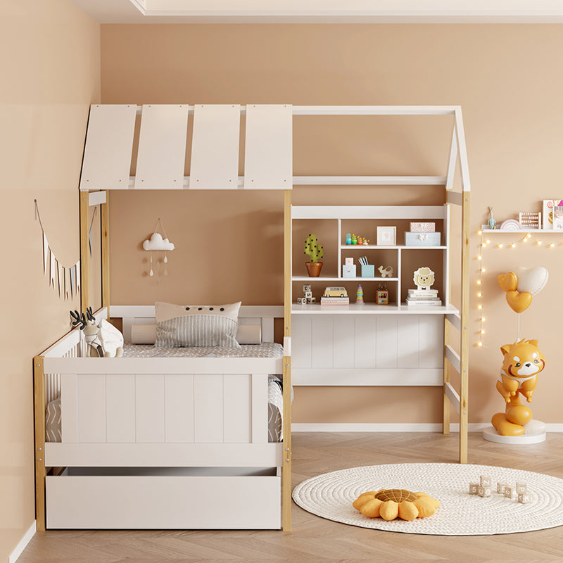 Pat pentru copii cu functie Montessori Bedria, Stil Montessori, Lemn, alb-Natural, 190x90 cm