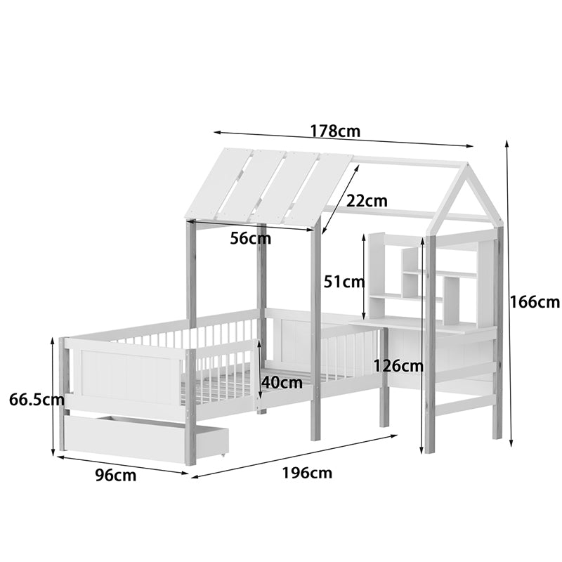 Pat pentru copii cu functie Montessori Bedria, Stil Montessori, Lemn, alb-Natural, 190x90 cm