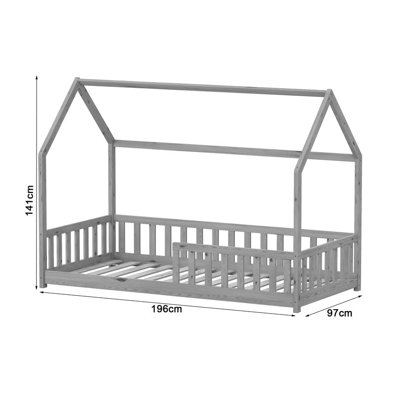 Pat pentru copii stil Montessori cu balustrade Callan, Lemn de pin, Alb, 90x190 cm
