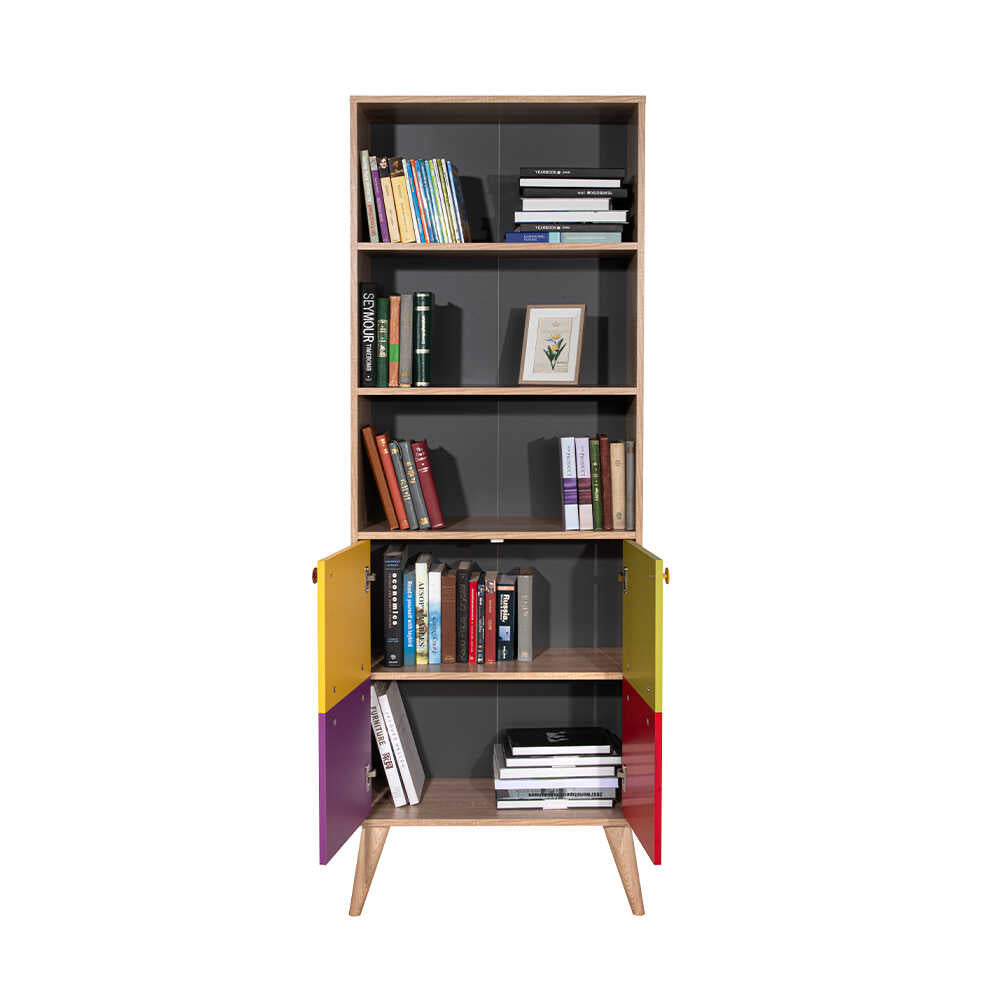 Biblioteca Adore Rainbow, 2 usi cu 5 rafturi, Multicolor - Sonoma, 67x185x30 Cm