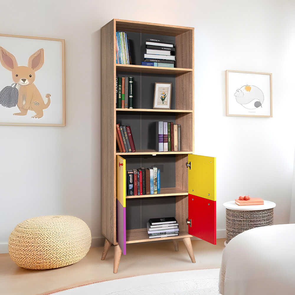Biblioteca Adore Rainbow, 2 usi cu 5 rafturi, Multicolor - Sonoma, 67x185x30 Cm