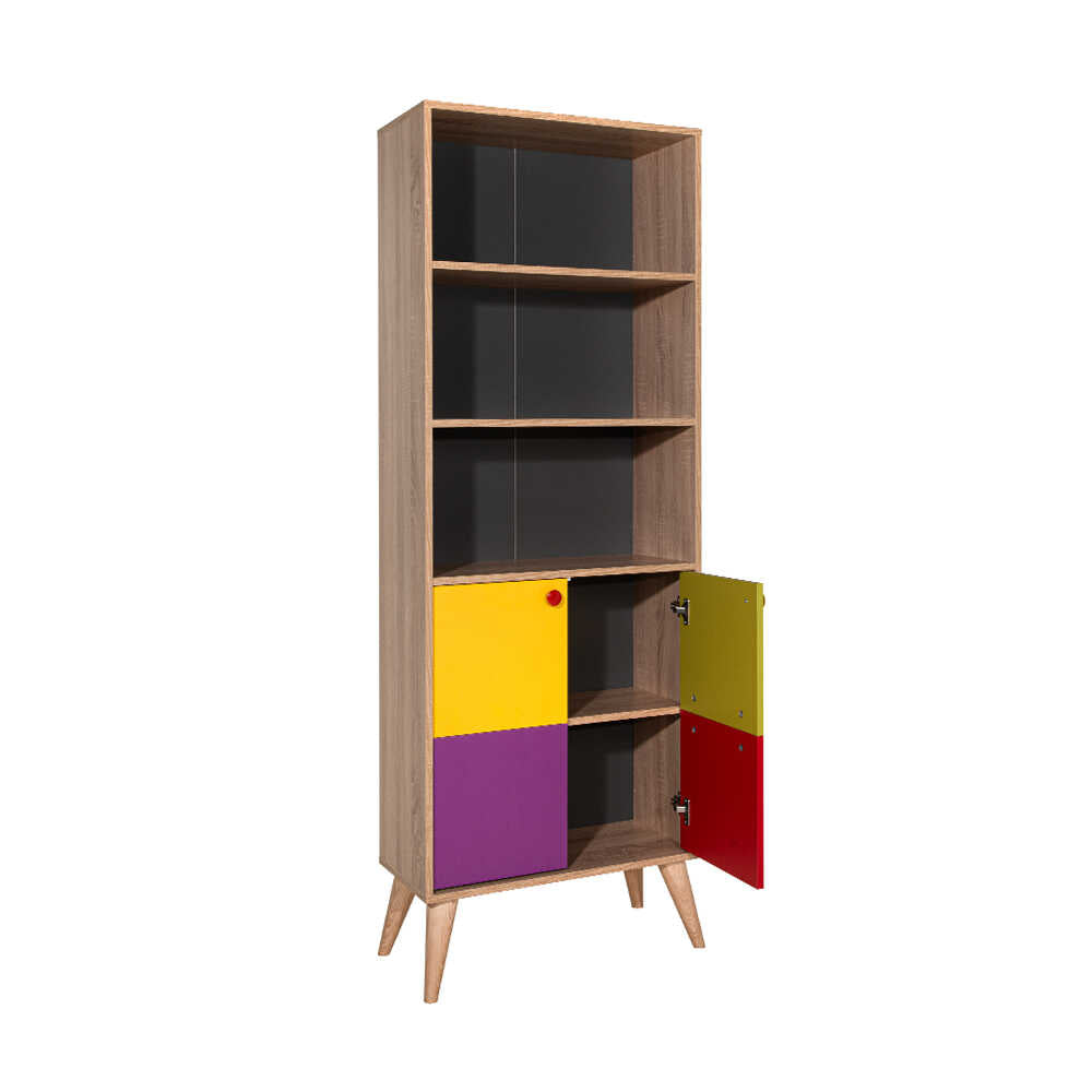 Biblioteca Adore Rainbow, 2 usi cu 5 rafturi, Multicolor - Sonoma, 67x185x30 Cm