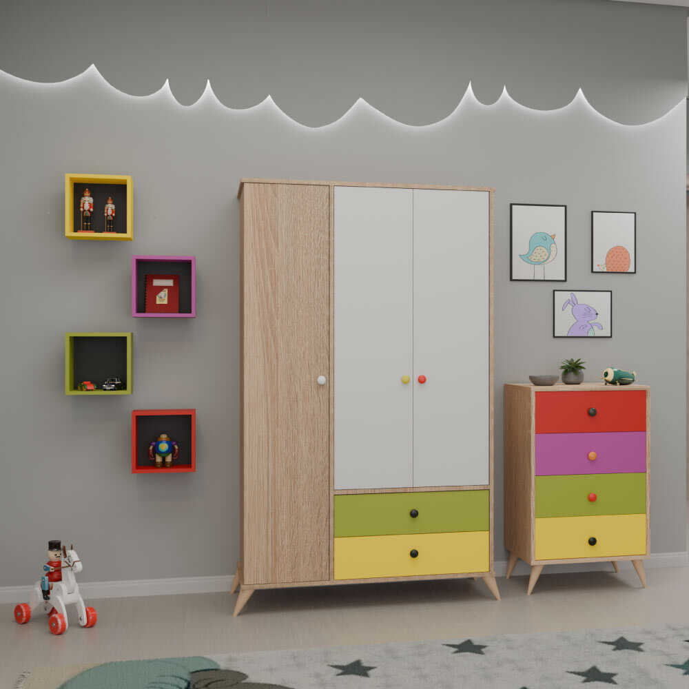 Comoda Adore Rainbow, 4 sertare, Multicolor/Sonoma, 60 x 104 x 45 cm