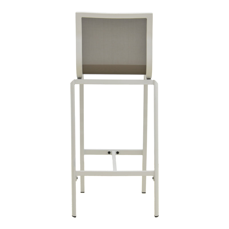 Scaun de bar stivuibil cu structură din aluminiu Melina, textil, alb și gri, 57x52x106 cm