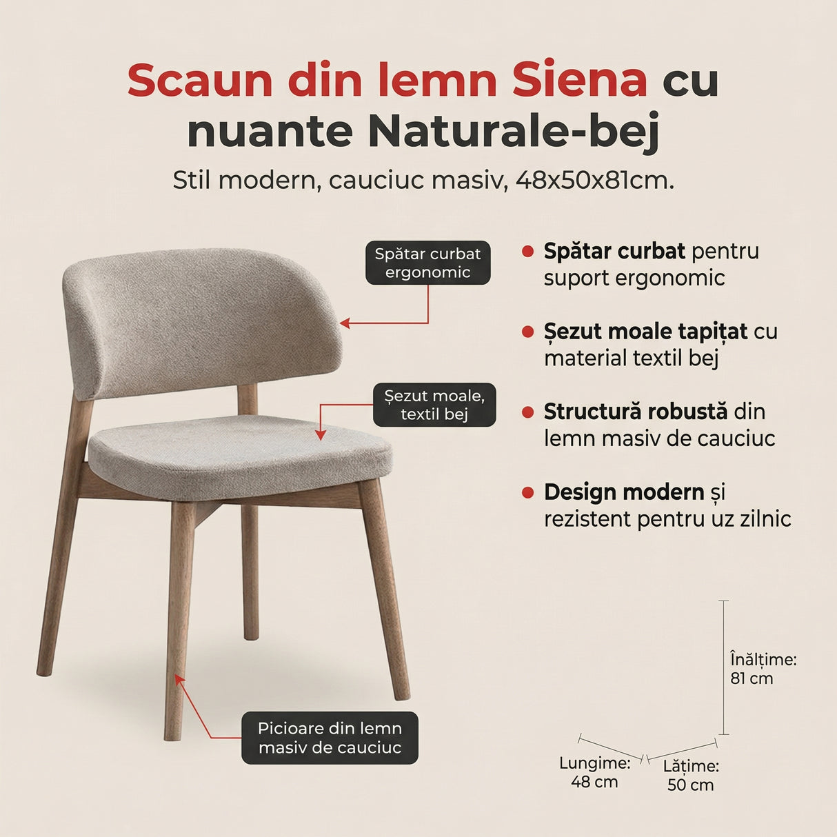 Scaun din lemn Siena cu nuante Naturale-bej, cauciuc masiv, 48x50x81 cm