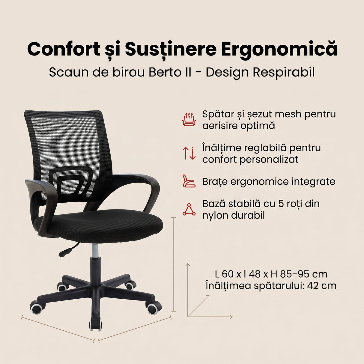 Scaun ergonomic de birou Berto II cu spatar din mesh – roz/negru, 60x48x85–95 cm - Negru