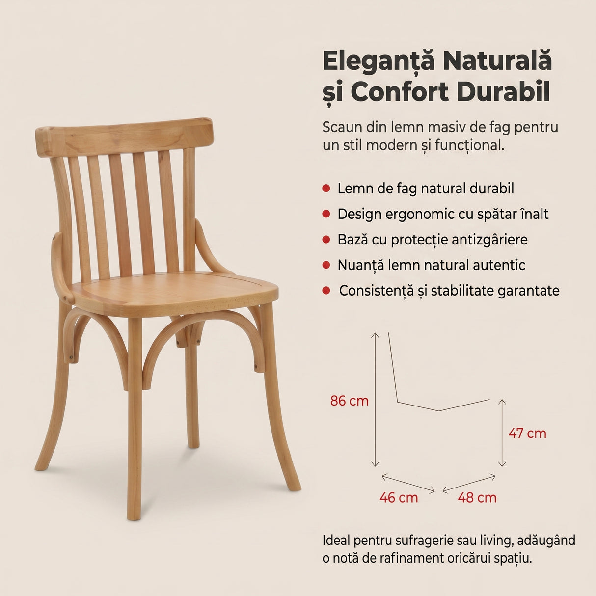Scaun Flisbie lemn Natural de fag, 46x48x86 cm