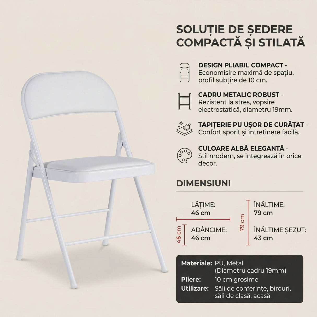 Scaun Pliabil, Alb, 46 x 46 x 79 cm