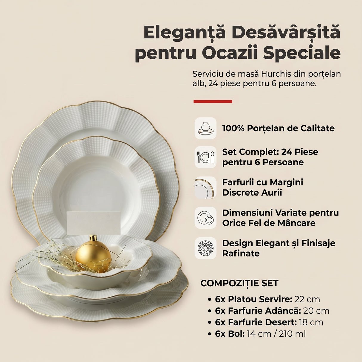 Serviciu de Masă Hurchis, 24 Piese, Porțelan Alb Premium