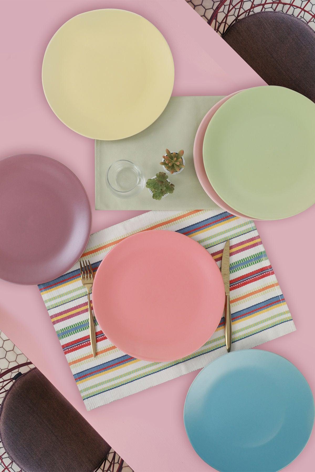 Set 6 Farfurii Uni Pastel, Ceramica , Multicolor, 25 cm