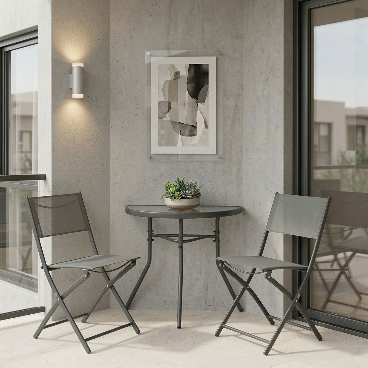 Set bistro exterior Bion Jeve, 3 piese, Antracit-Champagne, metal si textilene, 70x40x65 cm