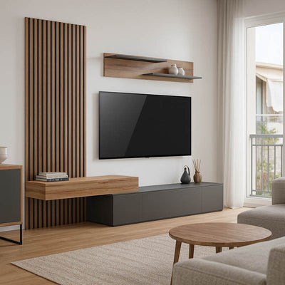 Set Comoda Tv Litende cu Riflaj, antracit-stejar 249x42x199 cm