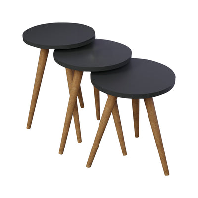 masuta de cafea Set de 3 buc masute laterale Perjene melamina antracit cu picioare din lemn 36x36x45 cm