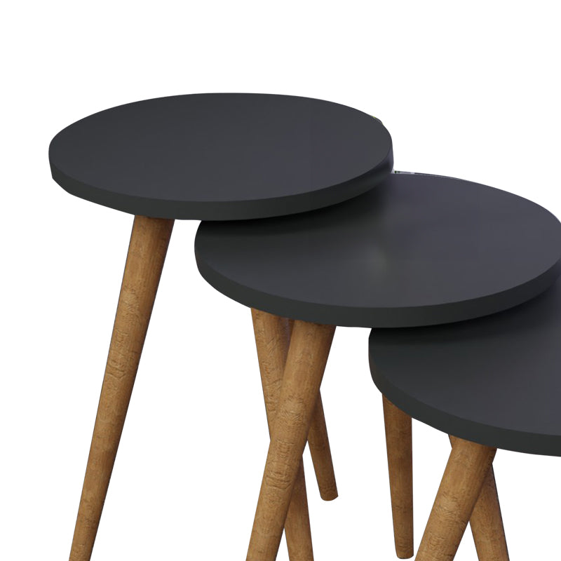 Set de 3 buc masute laterale Perjene melamina antracit cu picioare din lemn, 36x36x45 cm, detaliu produs