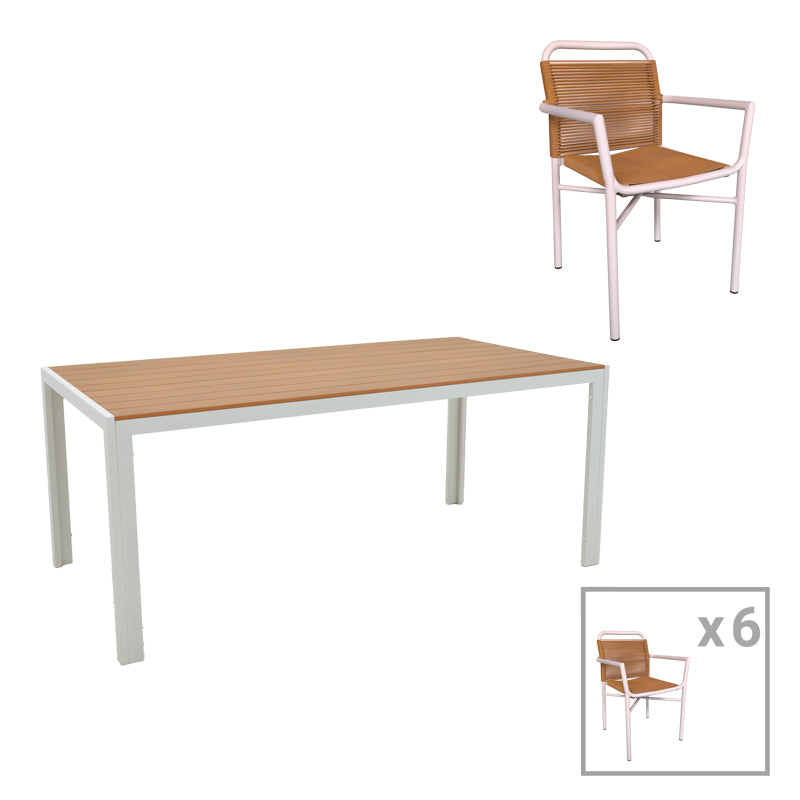 mobilier de gradina Set de 7 buc masa si scaune de gradina Nares-Clutch B aluminiu alb si placaj Natural 180x90x72 cm