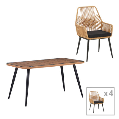 mobilier de gradina Set de dining Naoki-Tanish 5 bucati din ratan de sticla PE, Natural cu picioare negre 140x80x78 cm