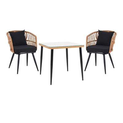 mobilier de gradina Set de Masa de dining Naoki 3 piese metal negru-pe stejar Natural-sticla 80x80x78 cm