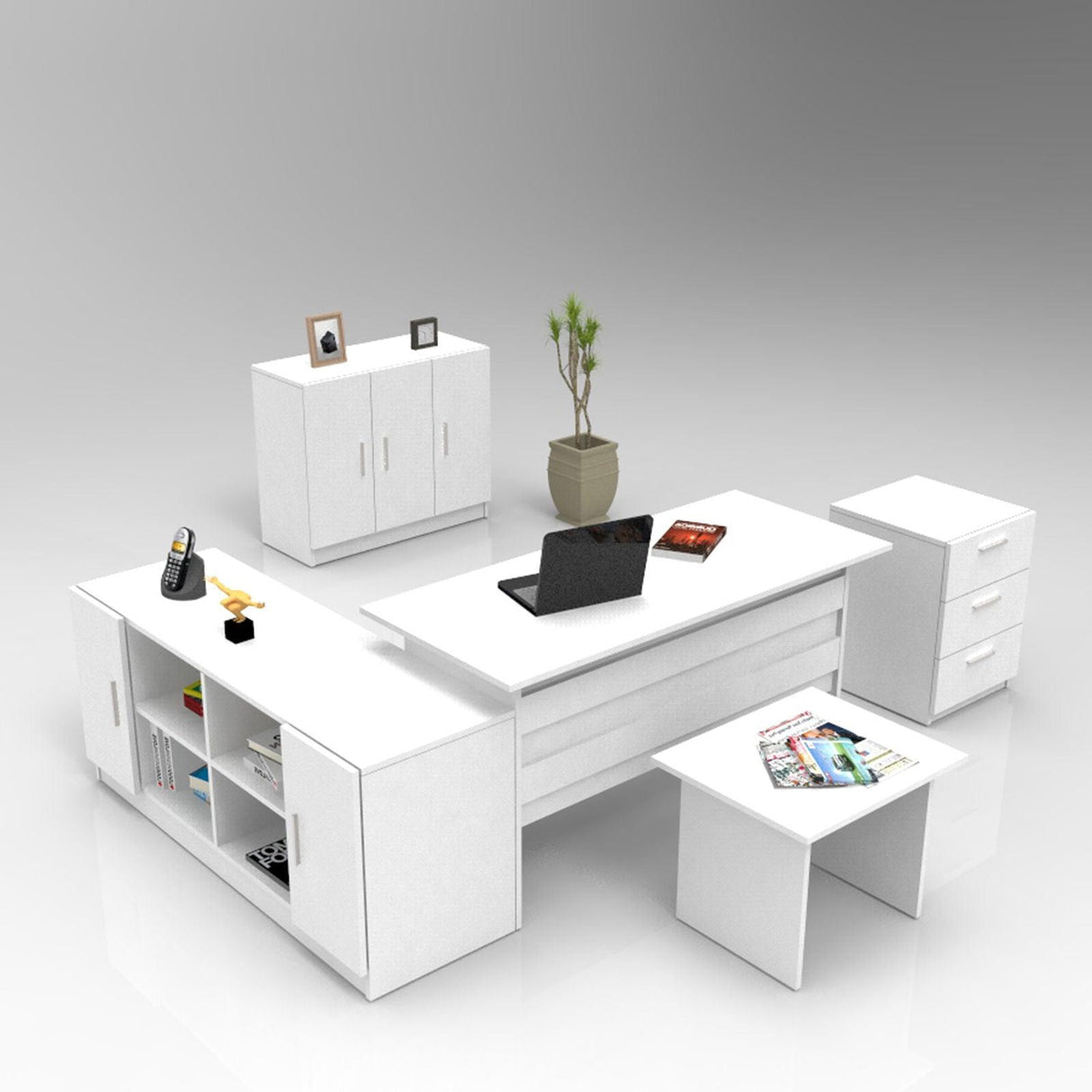 Set mobilier de birou Linta XL, 5 piese, Birou - Biblioteca - Consola - Masa - Rollbox, 140x60x74 cm - Alb
