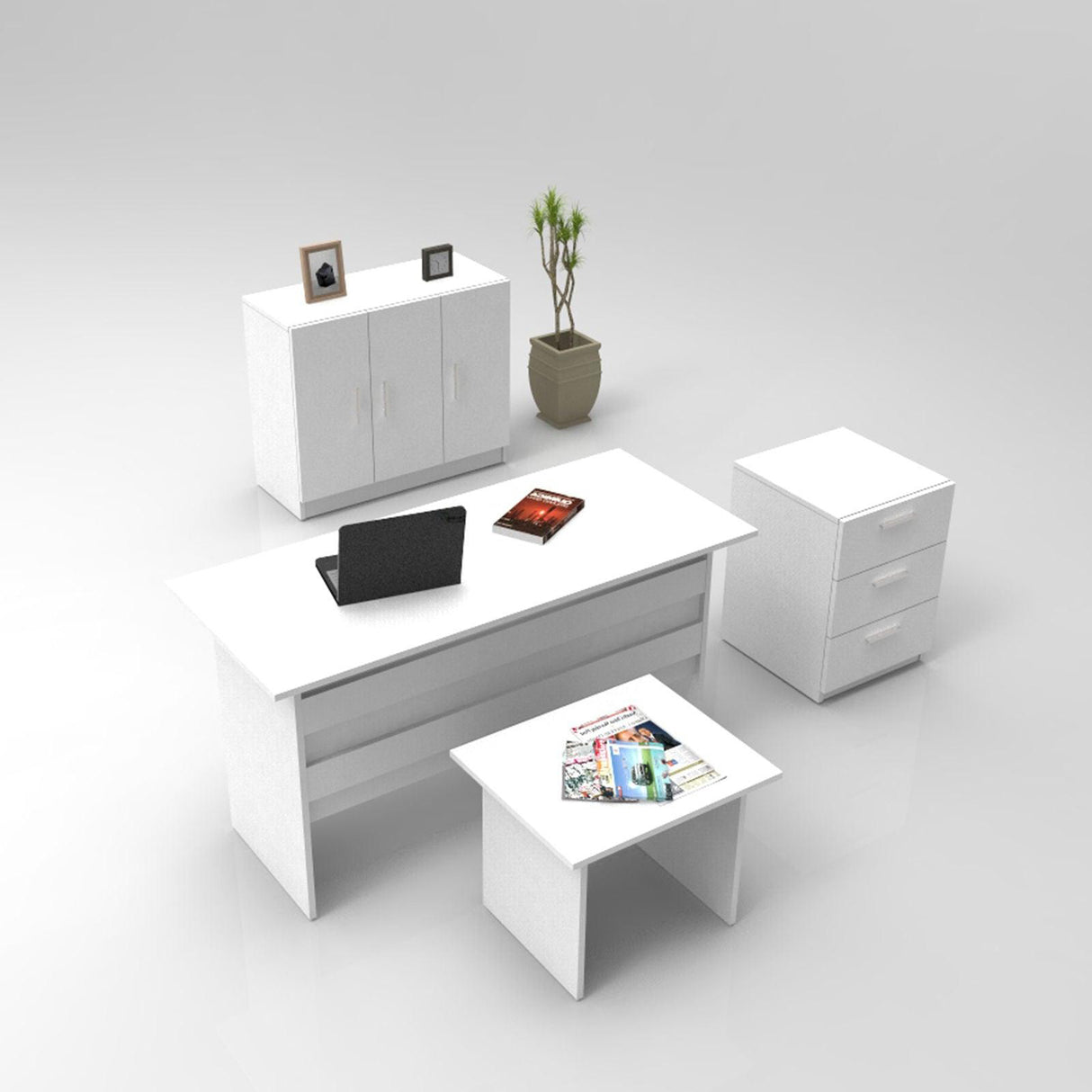 Set de mobilier de birou Torrens, Alb - Nuc - Stejar, 4 Piese, Birou - Biblioteca - Rollbox - Masuta, 140x60x74 cm - Alb