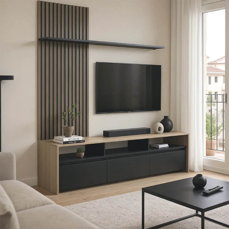 Set de mobilier living cu rafturi Delfina și metal, Sonoma - Negru, 190x40x199 cm - Negru