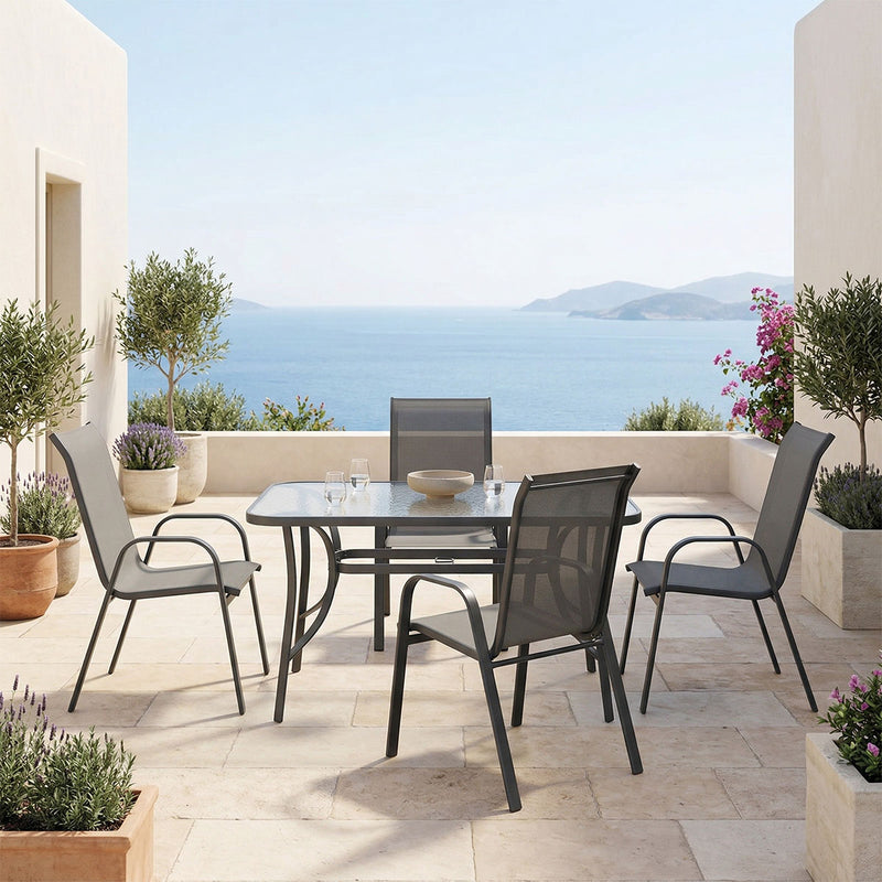 Set dining exterior Ensure Calan, 5 piese, Antracit, metal si sticla, 120x70x70 cm, imagine principală, metal, stofă, sticlă, pentru living sau bucătărie